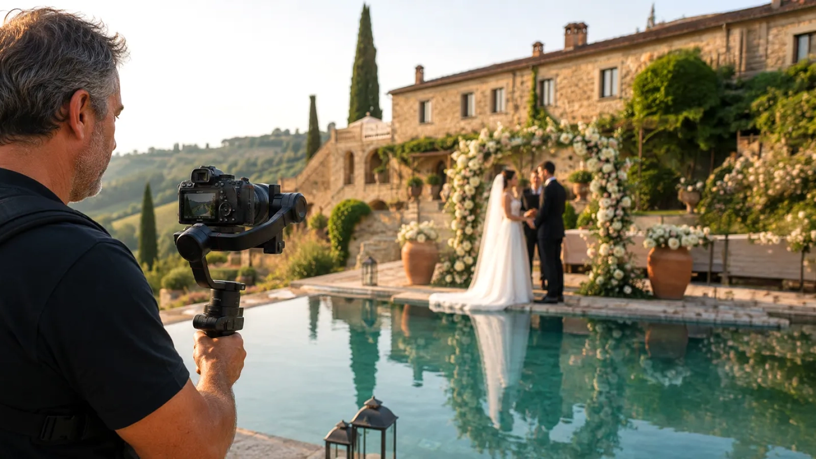 Videomaker matrimonio in Toscana durante un ricevimento in villa